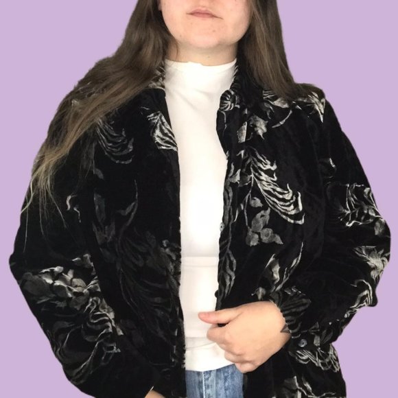 Denim & Co 90s Black Velvet Silver Floral Print Shirt - Picture 2 of 4